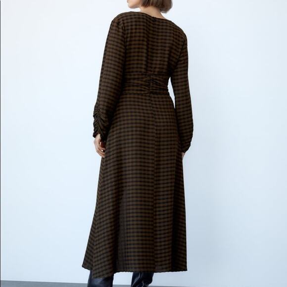 ZARA DRAPED PLAID DRESS BLACK / GREEN - Picture 7 of 10